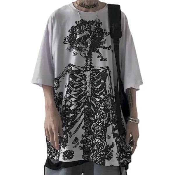 Men’s Gothic Skull Graphic Tee - Oversized Y2K Streetwear Dark Anime Short Sleeve - High Street Goth Summer Top