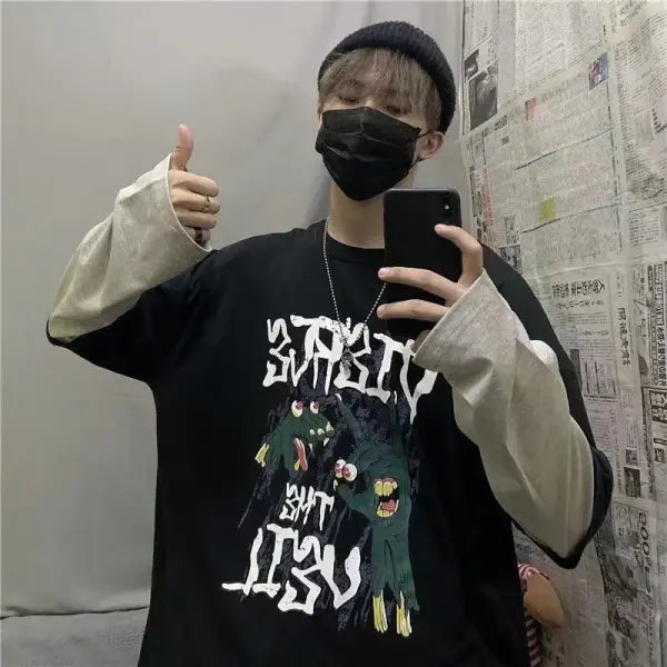 Men’s Long Sleeve Y2K Anime Graphic Tee - Oversized Harajuku Streetwear Shirt - Aesthetic Grunge Academia Hip Hop Top
