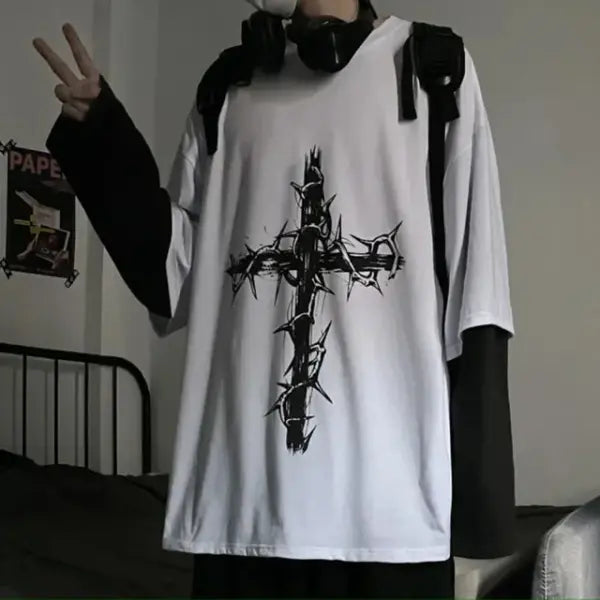 Men’s Long Sleeve Y2K Anime Graphic Tee - Oversized Harajuku Streetwear Shirt - Aesthetic Grunge Academia Hip Hop Top