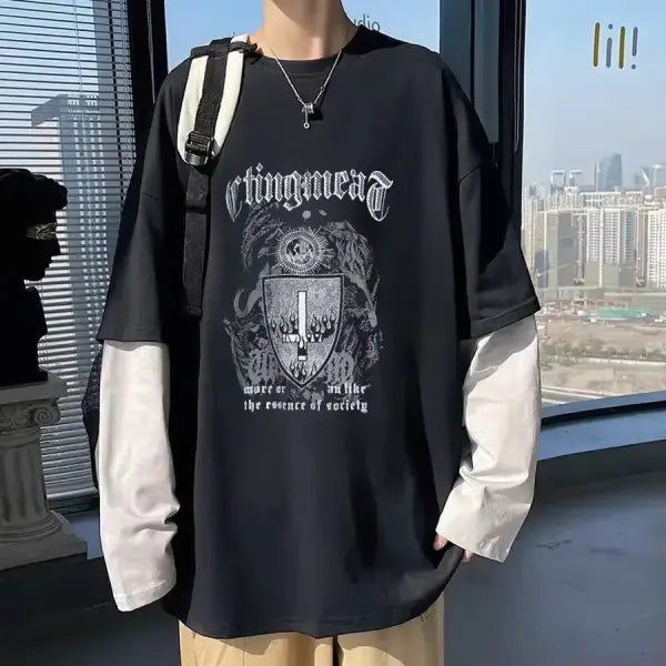 Men’s Long Sleeve Y2K Anime Graphic Tee - Oversized Harajuku Streetwear Shirt - Aesthetic Grunge Academia Hip Hop Top