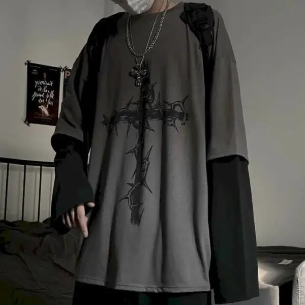 Men’s Long Sleeve Y2K Anime Graphic Tee - Oversized Harajuku Streetwear Shirt - Aesthetic Grunge Academia Hip Hop Top