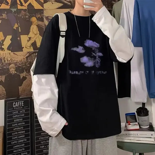 Men’s Long Sleeve Y2K Anime Graphic Tee - Oversized Harajuku Streetwear Shirt - Aesthetic Grunge Academia Hip Hop Top