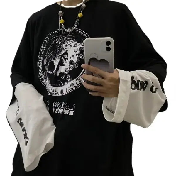 Men’s Long Sleeve Y2K Anime Graphic Tee - Oversized Harajuku Streetwear Shirt - Aesthetic Grunge Academia Hip Hop Top