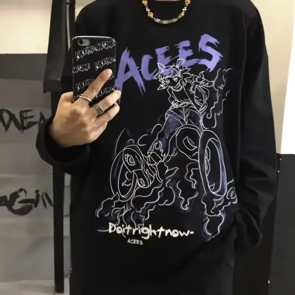 Men’s Long Sleeve Y2K Anime Graphic Tee - Oversized Harajuku Streetwear Shirt - Aesthetic Grunge Academia Hip Hop Top