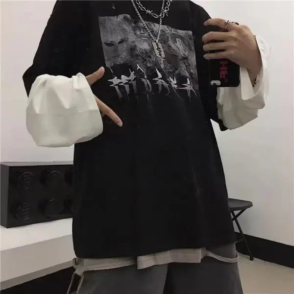Men’s Long Sleeve Y2K Anime Graphic Tee - Oversized Harajuku Streetwear Shirt - Aesthetic Grunge Academia Hip Hop Top