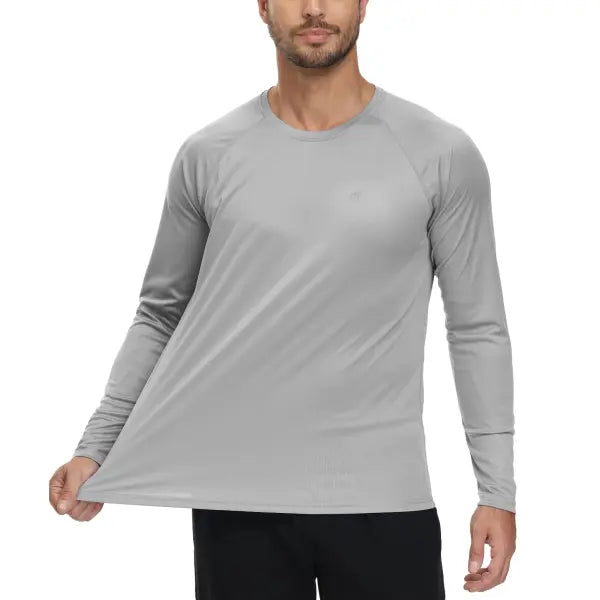 Men’s UPF 50+ Long Sleeve Rash Guard – Breathable Outdoor Fishing Hiking Workout Sun Protection Shirt - Light Grey
