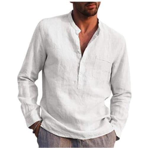 Men Vintage White Shirt Button Linen Shirts - White / 2XL