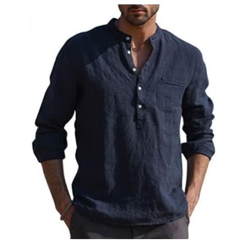 Men Vintage White Shirt Button Linen Shirts - Navy Blue / 2XL