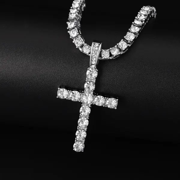 Iced Out Hip Hop Cross Zinc Alloy Necklace with Rhinestones