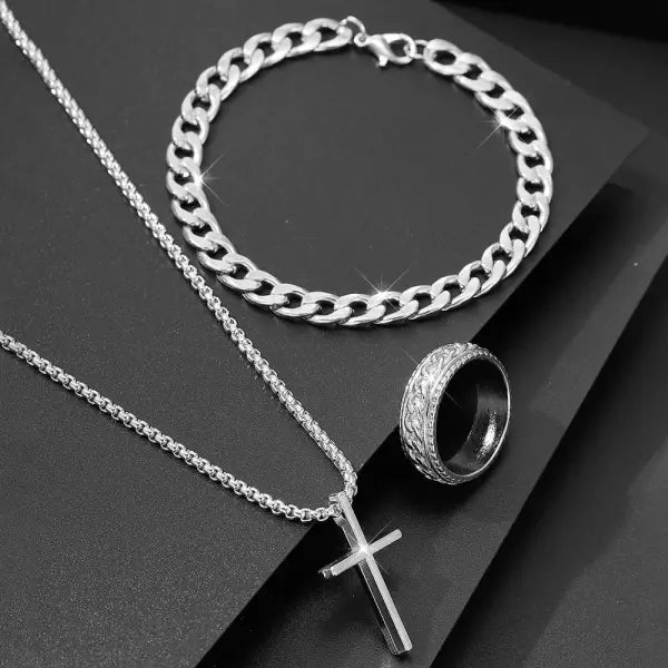 Men’s 3-Piece Alloy Jewelry Set – Cross Necklace Bracelet & Ring - H465-SL