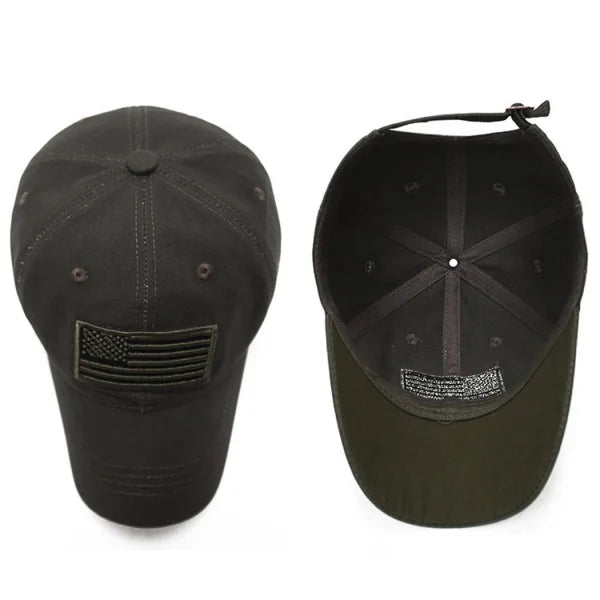 Two black men baseball caps, one featuring an American flag patch, size 8*14cm