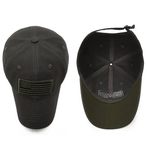 Two black men baseball caps, one featuring an American flag patch, size 8*14cm