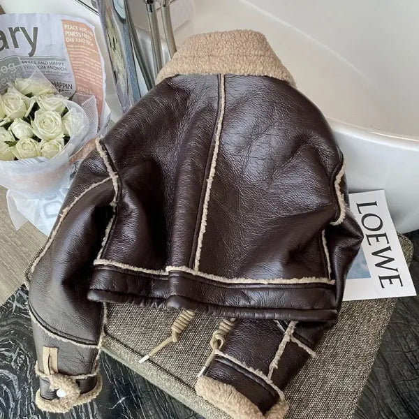 Lambswool Jacket – Winter Thickened Faux Leather Motorcycle Coat with Stand Collar - Himpall