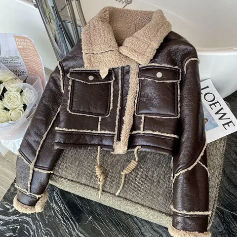 Lambswool Jacket – Winter Thickened Faux Leather Motorcycle Coat with Stand Collar - Himpall