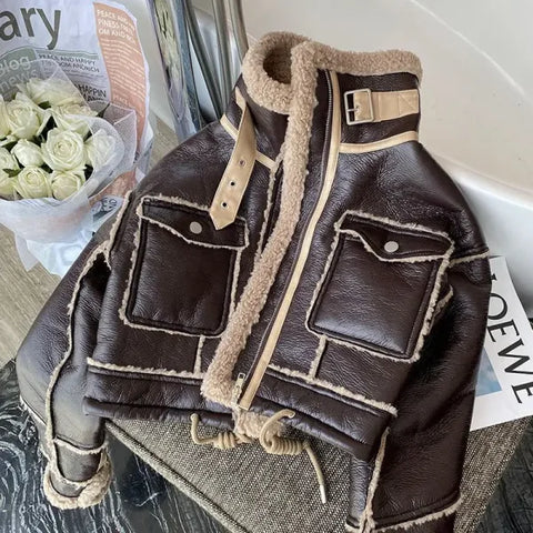 Lambswool Jacket – Winter Thickened Faux Leather Motorcycle Coat with Stand Collar - Himpall