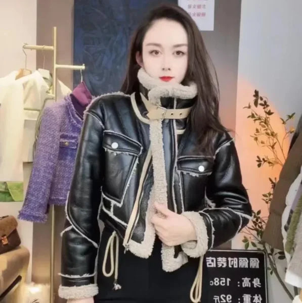 Lambswool Jacket – Winter Thickened Faux Leather Motorcycle Coat with Stand Collar - Himpall