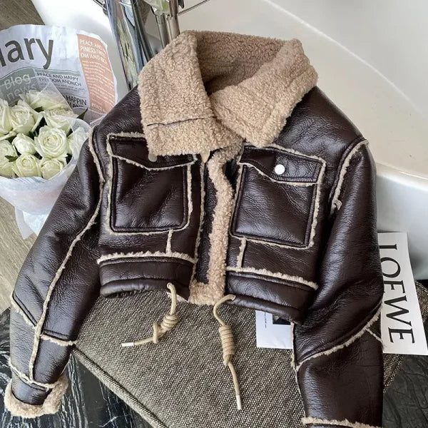 Lambswool Jacket – Winter Thickened Faux Leather Motorcycle Coat with Stand Collar - Himpall