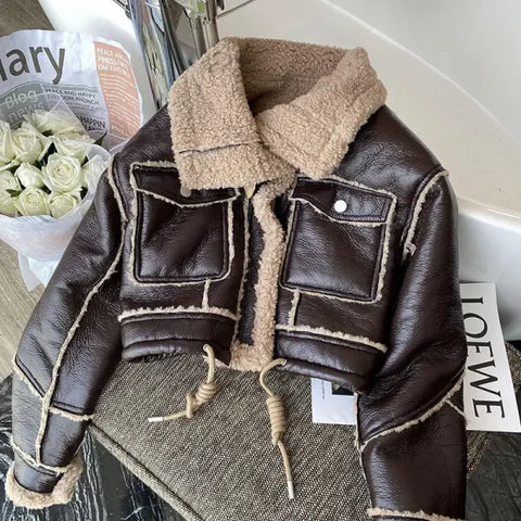 Lambswool Jacket – Winter Thickened Faux Leather Motorcycle Coat with Stand Collar - Himpall