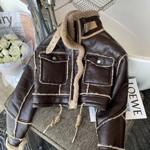 Lambswool Jacket – Winter Thickened Faux Leather Motorcycle Coat with Stand Collar - Himpall