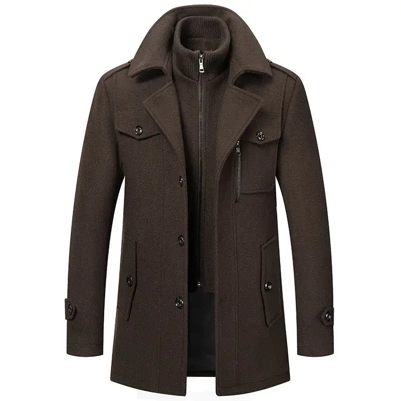 Double Collar Woolen Overcoat Autumn Winter Warmth - Brown / M