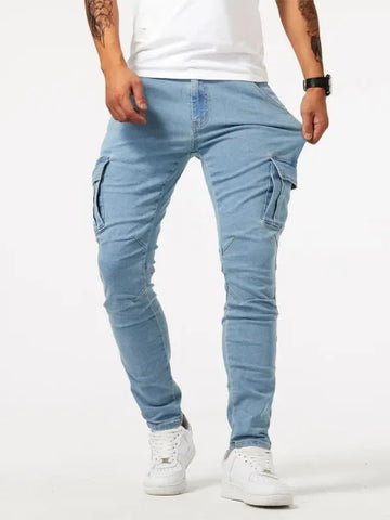 Men’s Casual Multi-bag Labor Protection Pants - Light Blue / 2XL