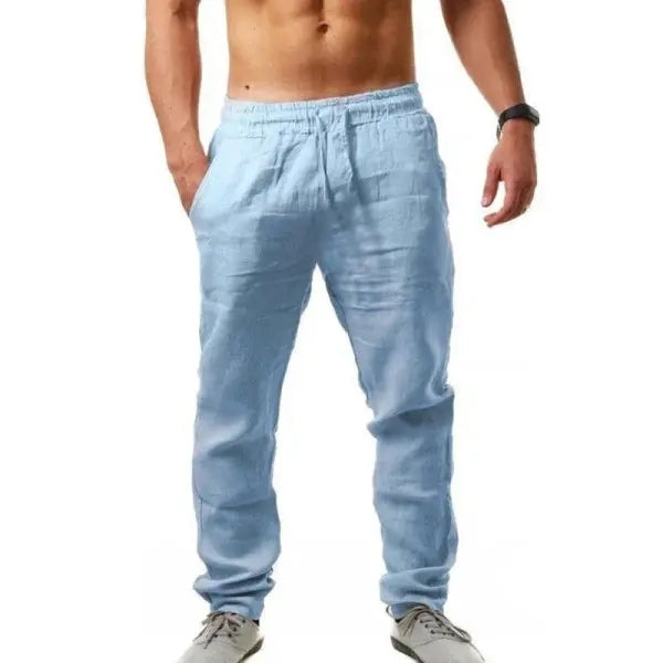 Men’s Cotton Linen Pants Male Autumn New Breathable Solid Color Linen Trousers Fitness Streetwear S-3XL - SKY BLUE