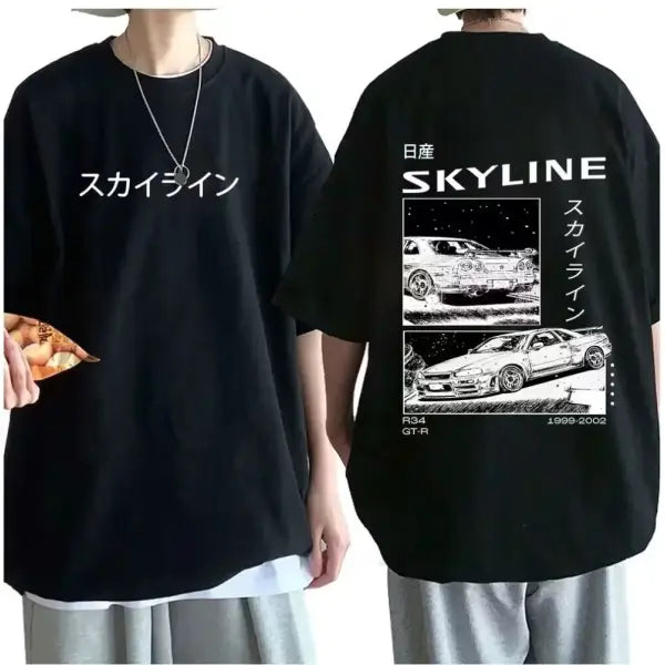 Men’s JDM Anime Graphic Tee - AE86 Initial D & R34 Skyline GTR - Oversized 100% Cotton Drift Streetwear