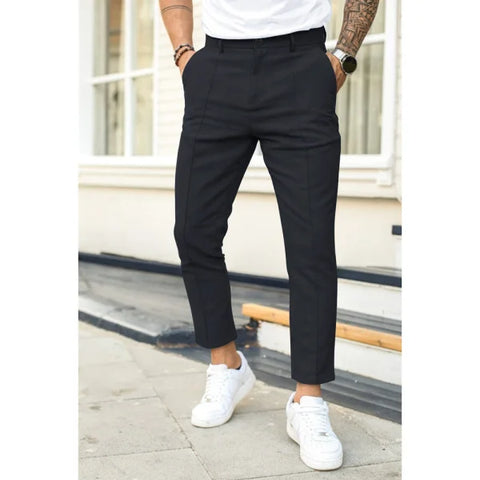 Men’s Double Fold Line Solid Color Casual Suit Pants - Black / 3XL