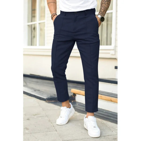 Men’s Double Fold Line Solid Color Casual Suit Pants - Dark Blue / 3XL