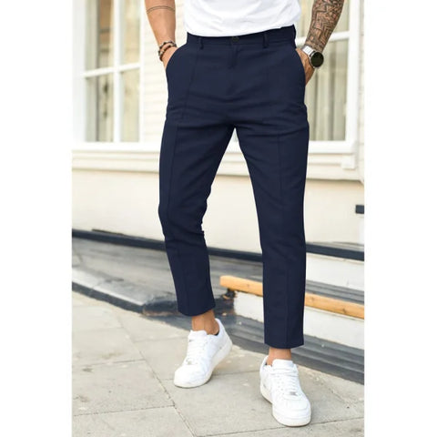 Men’s Double Fold Line Solid Color Casual Suit Pants - Dark Blue / 3XL