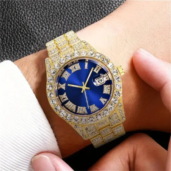 Mens Hip Hop Watch VintagInspired Retro Quartz Timepiece with Oversized Rhinestone Dial and Durable Stainless Steel