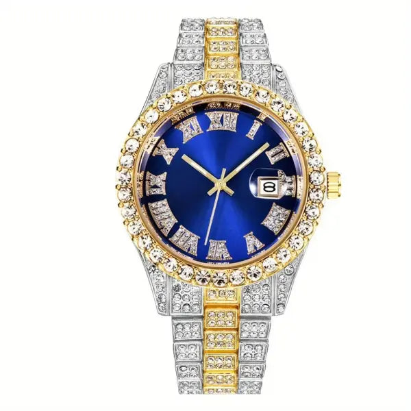 Men Vintage Hip Hop Watch with Alloy Case Shape and Bracelet Clasp Dial - Golden And Blue