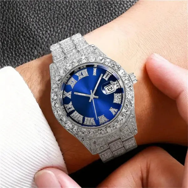 Mens Hip Hop Watch VintagInspired Retro Quartz Timepiece with Oversized Rhinestone Dial and Durable Stainless Steel