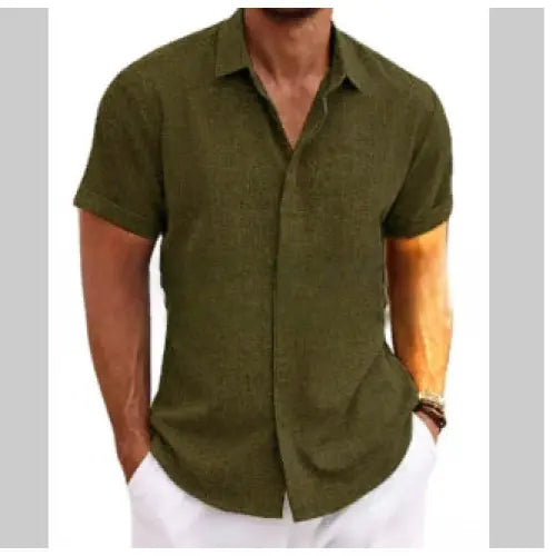 Men’s Linen Short Sleeve Shirt Plus Sizes Casual Summer Style - Olivegreen / L - None
