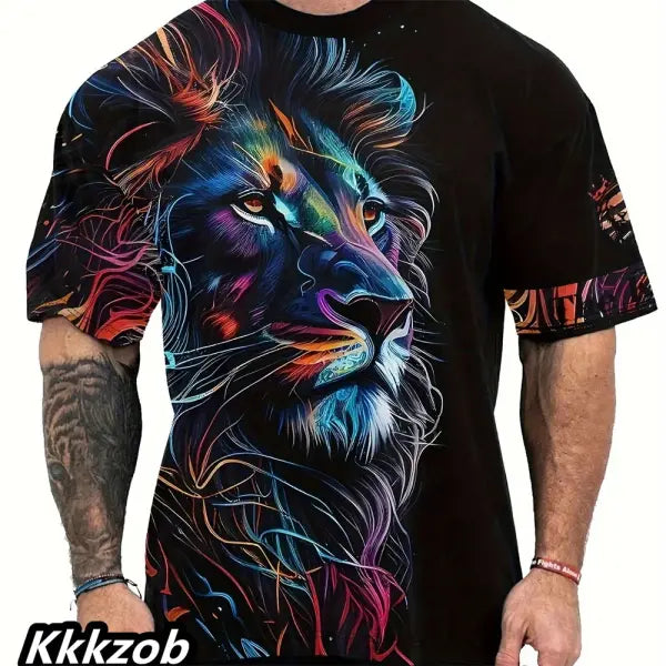 Mens Lion Print Short Sleeve Crew Neck T-Shirt Soft Breathable Casual Wear Outdoor Activities Summer Essential Clothing