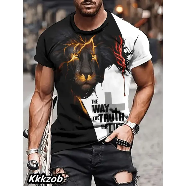 Mens Lion Print Short Sleeve Crew Neck T-Shirt Soft Breathable Casual Wear Outdoor Activities Summer Essential Clothing