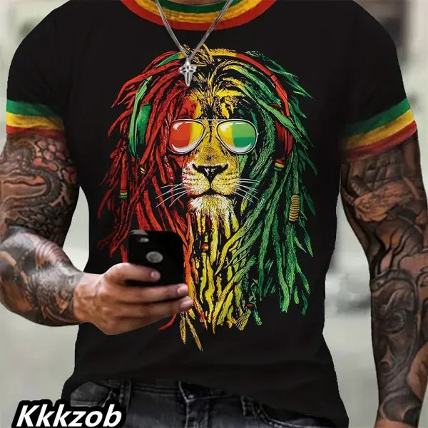 Mens Lion Print Short Sleeve Crew Neck T-Shirt Soft Breathable Casual Wear Outdoor Activities Summer Essential Clothing