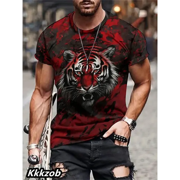 Mens Lion Print Short Sleeve Crew Neck T-Shirt Soft Breathable Casual Wear Outdoor Activities Summer Essential Clothing