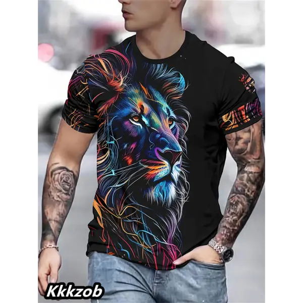 Mens Lion Print Short Sleeve Crew Neck T-Shirt Soft Breathable Casual Wear Outdoor Activities Summer Essential Clothing