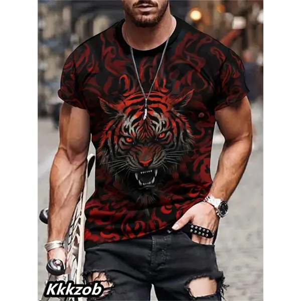Mens Lion Print Short Sleeve Crew Neck T-Shirt Soft Breathable Casual Wear Outdoor Activities Summer Essential Clothing