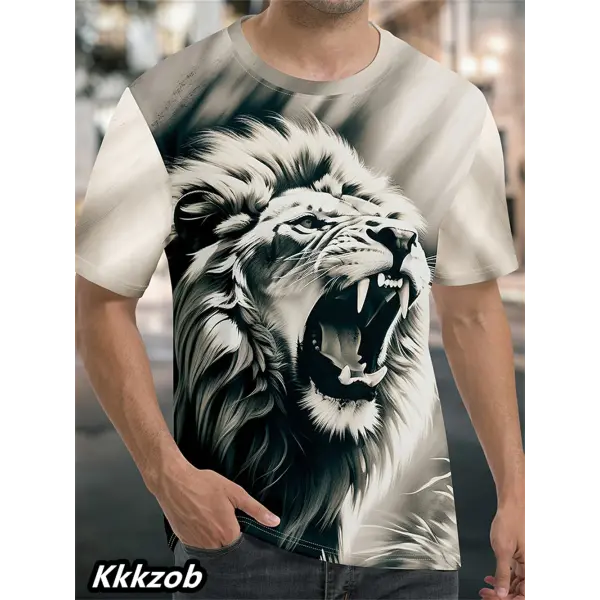 Mens Lion Print Short Sleeve Crew Neck T-Shirt Soft Breathable Casual Wear Outdoor Activities Summer Essential Clothing