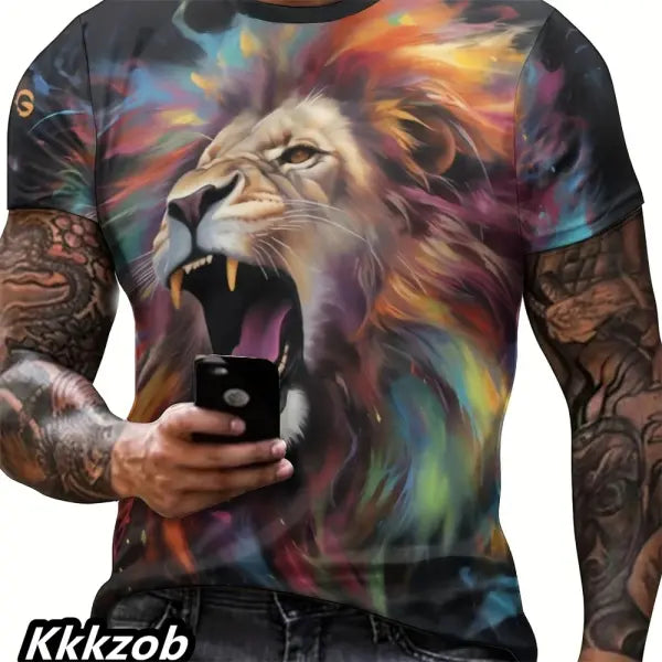 Mens Lion Print Short Sleeve Crew Neck T-Shirt Soft Breathable Casual Wear Outdoor Activities Summer Essential Clothing