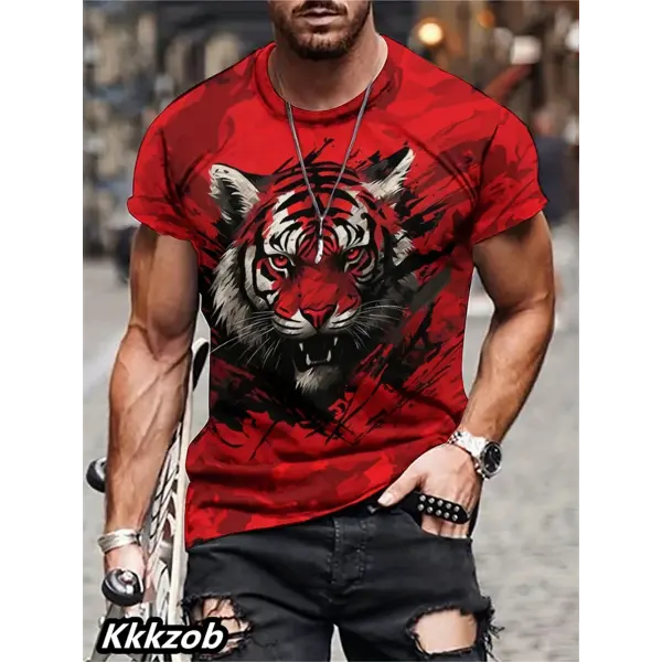 Mens Lion Print Short Sleeve Crew Neck T-Shirt Soft Breathable Casual Wear Outdoor Activities Summer Essential Clothing