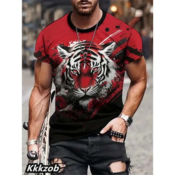 Mens Lion Print Short Sleeve Crew Neck T-Shirt Soft Breathable Casual Wear Outdoor Activities Summer Essential Clothing