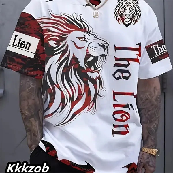 Mens Lion Print Short Sleeve Crew Neck T-Shirt Soft Breathable Casual Wear Outdoor Activities Summer Essential Clothing