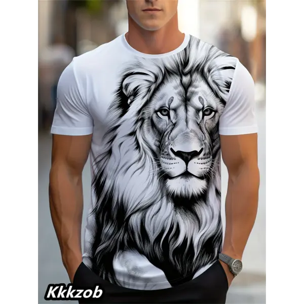 Mens Lion Print Short Sleeve Crew Neck T-Shirt Soft Breathable Casual Wear Outdoor Activities Summer Essential Clothing