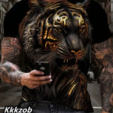 Mens Lion Print Short Sleeve Crew Neck T-Shirt Soft Breathable Casual Wear Outdoor Activities Summer Essential Clothing