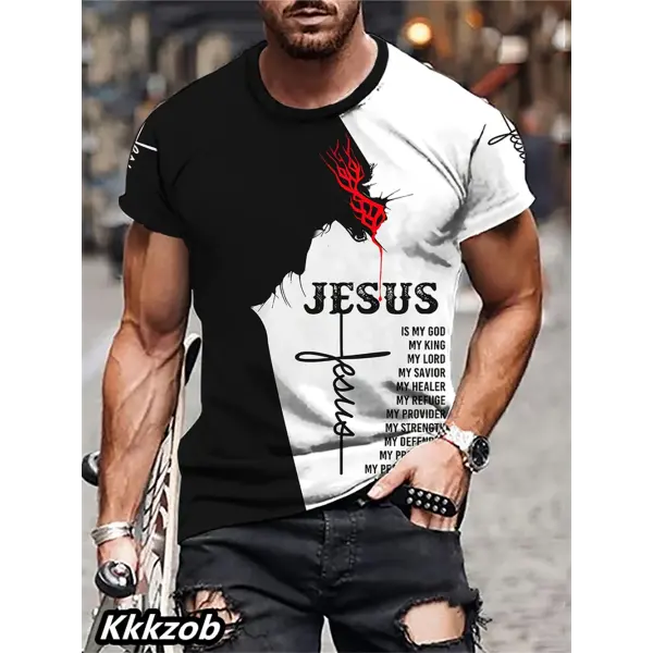 Mens Lion Print Short Sleeve Crew Neck T-Shirt Soft Breathable Casual Wear Outdoor Activities Summer Essential Clothing