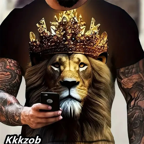 Mens Lion Print Short Sleeve Crew Neck T-Shirt Soft Breathable Casual Wear Outdoor Activities Summer Essential Clothing
