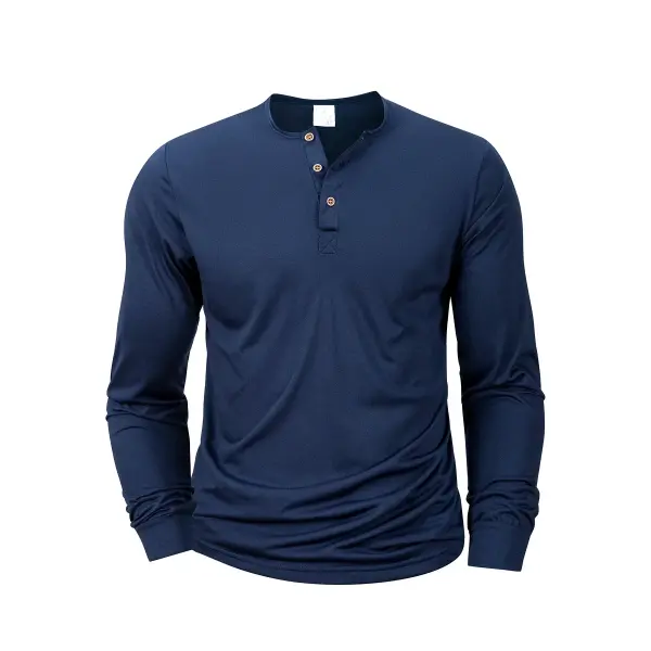 Men’s Long Sleeved Henley Neck T-shirt Slim Fit Bottoming Shirt Fitness Tops Tees Button Neck Casual Cozy Tshirt - Navy